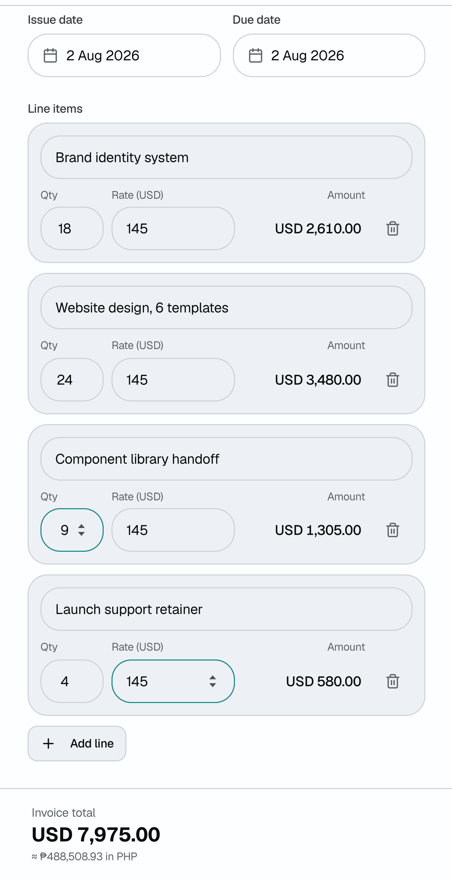 Invoice Studio mid-edit: four line items, each with a quantity, a rate in US dollars and its own amount, and an invoice total of USD 7,975.00 with the equivalent in Philippine pesos underneath