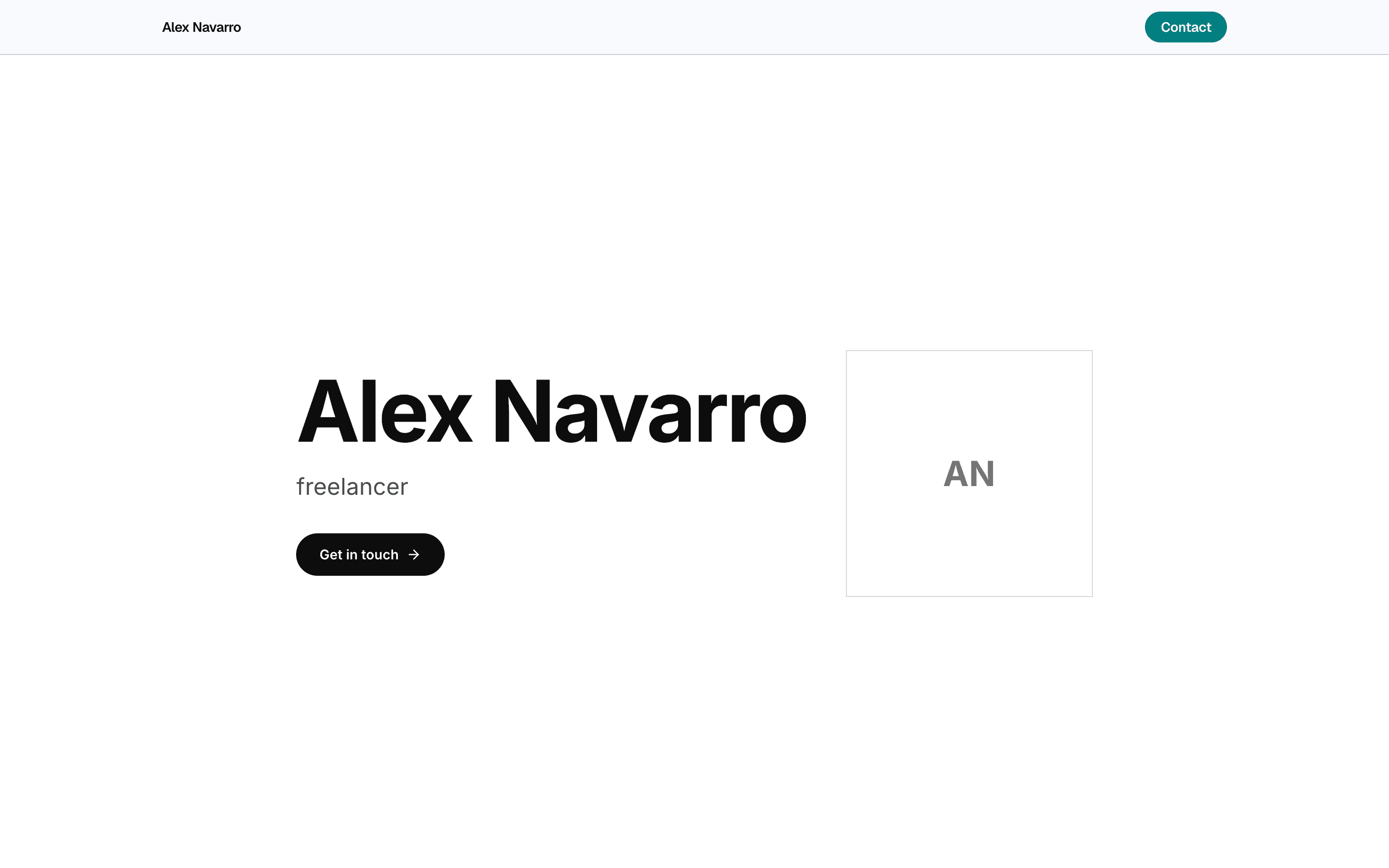 A published portfolio page: the freelancer's name set very large, their role beneath it, a Get in touch button, and an initials tile in place of a profile photo