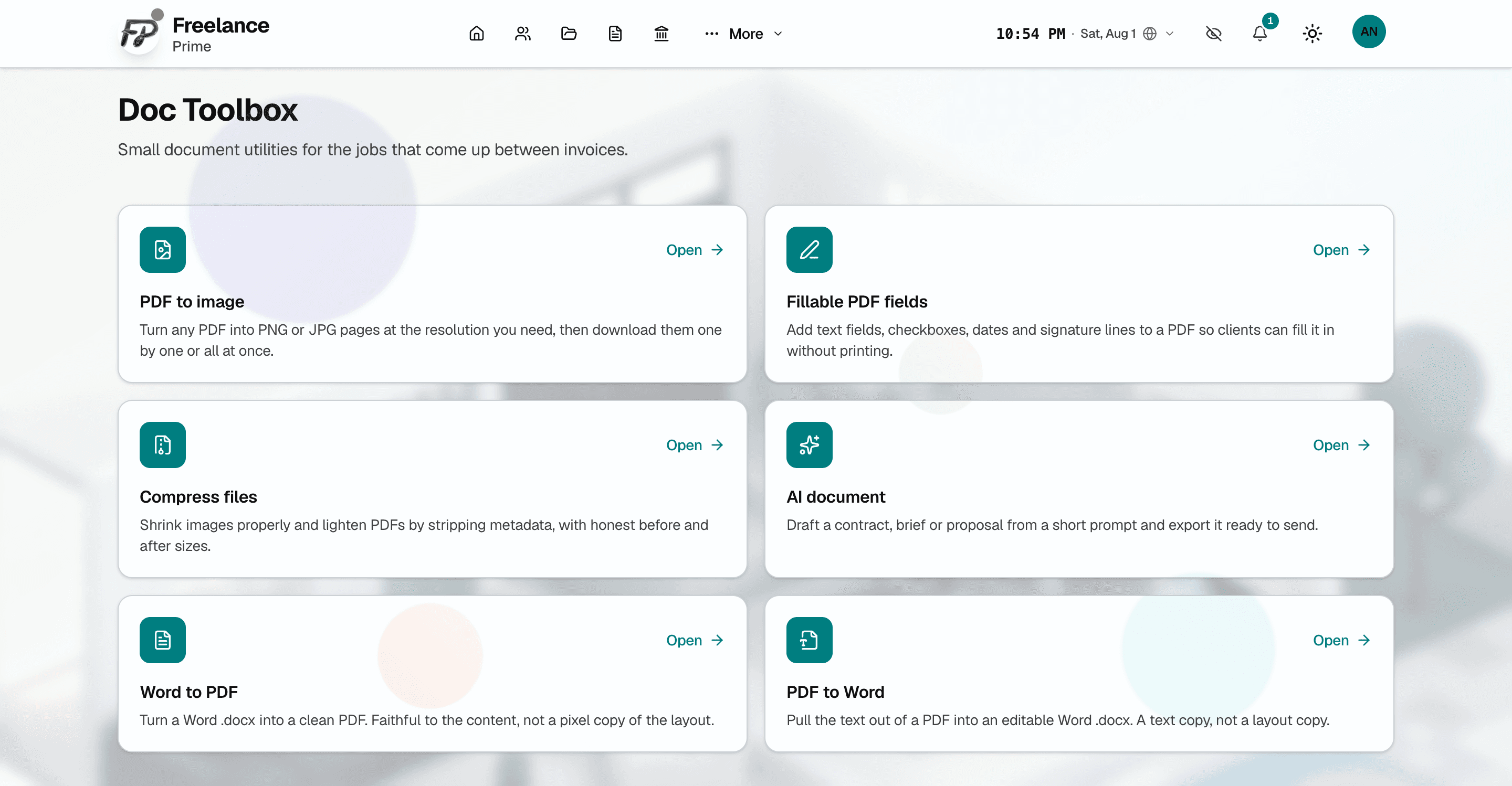 The tool index listing six tools: PDF to image, fillable PDF fields, compress files, AI document, Word to PDF and PDF to Word